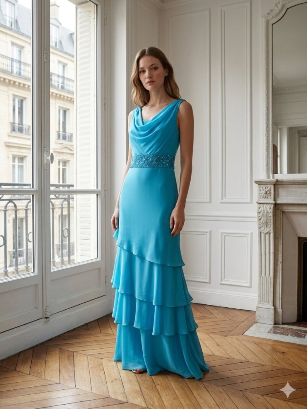 VM Collection Elegant Turquoise Ruffle Evening Gown with Beaded Waist Size 14